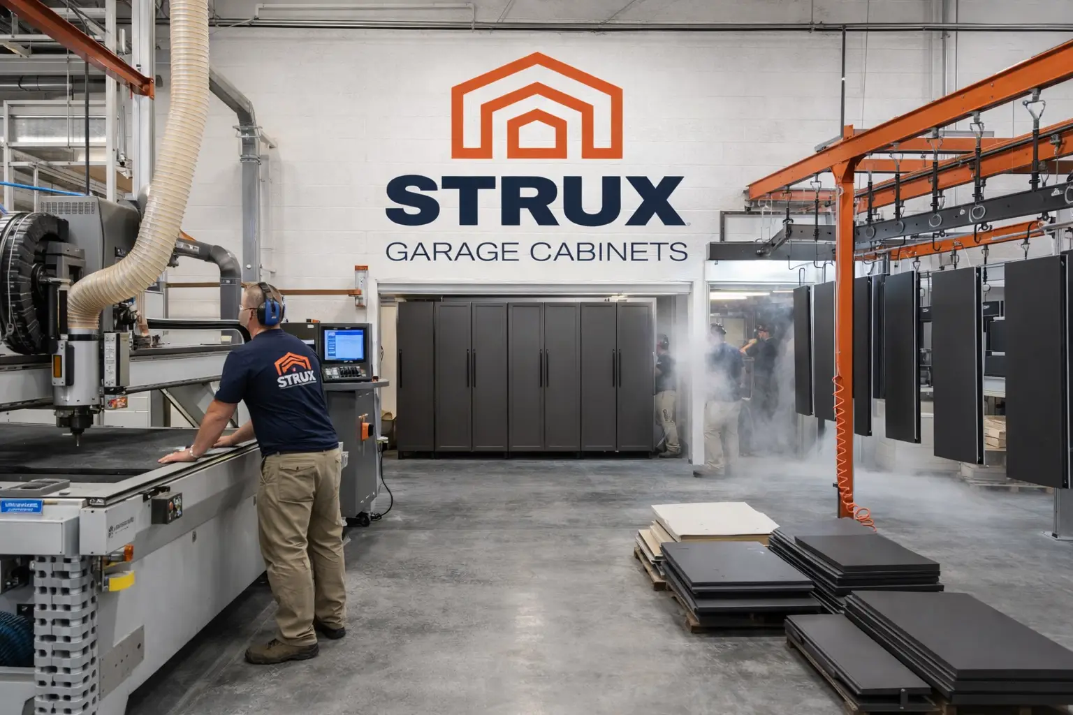 Strux manufacturing facility producing premium custom garage cabinet systems